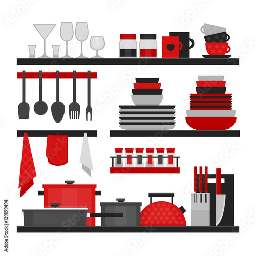 Kitchen shelves and cooking utensils. Flat style, vector illustration.