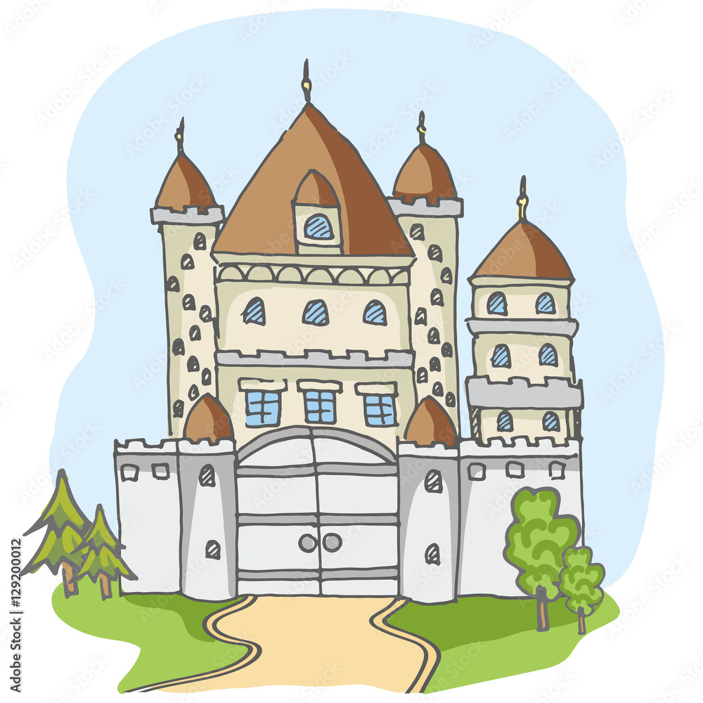 Hand drawn doodle cartoon fairy tale castle building icon. Vector illustration. Cartoon style cute castle for princess. Sketch, fairytale, game icon, magic kingdom. Blue sky and green tree, road.