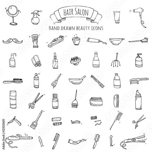 Hand drawn doodle Hair salon icons set. Vector illustration. Barber symbols collection. Cartoon hairdressing equipment elements: shampoo, mask, hair die, scissors, iron, curlers, dryer, razor.