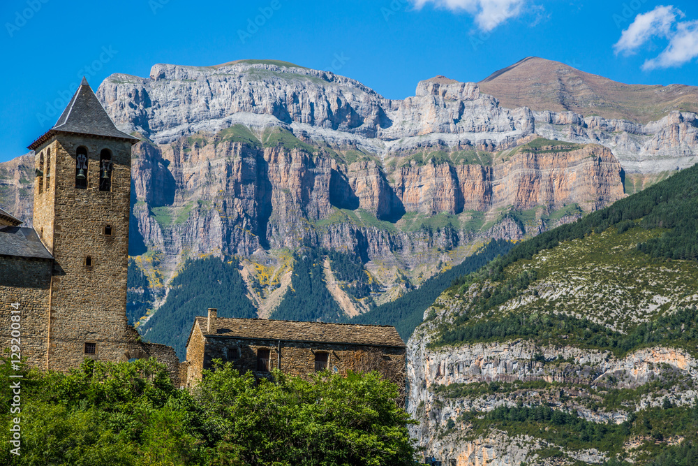 Torla town in Ordesa National pakr in the spanish pyrenees.