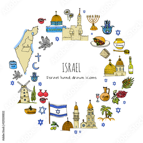 Seamless pattern. Set of hand drawn Israel icons. Jewish sketch. Vector illustration. Doodle elements, Isolated national elements background. Travel to Israel icon for card, web page. Hanukkah symbol.