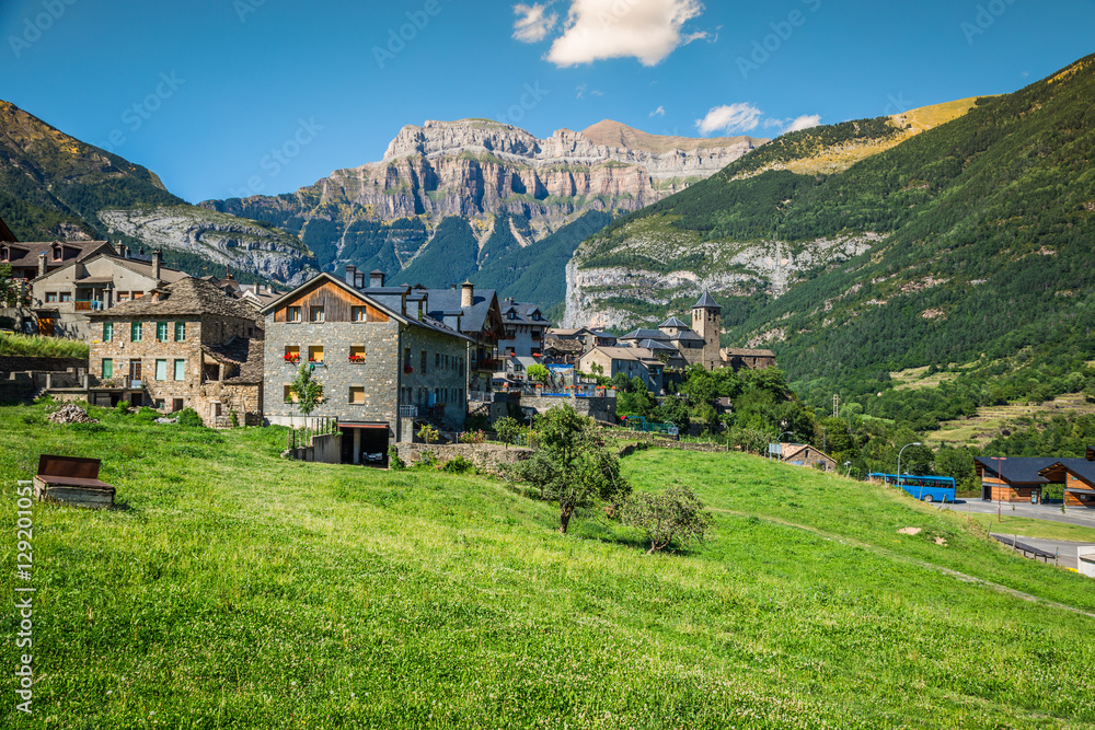 Torla town in Ordesa National pakr in the spanish pyrenees.