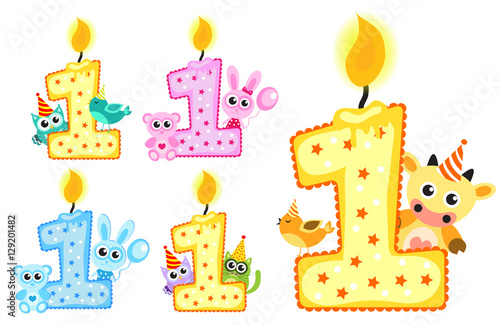 Set Happy First Birthday Candle and Animals Isolated on white background. First birthday template for greeting cards, invitations. Vector illustration
