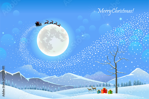 Santa flying in his sleigh over a snowey landscape