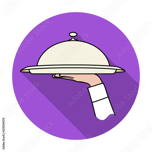 Waiter's hand holding a tray with cloche icon in flat style on white background. Restaurant symbol vector illustration.