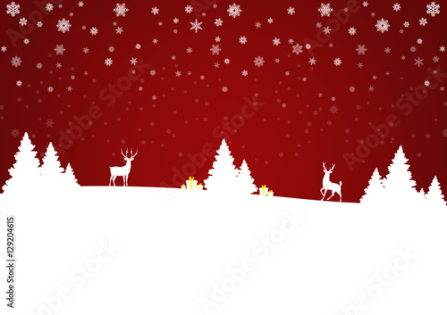 christmas card with trees, gifts, snowflakes and reindeers on red background