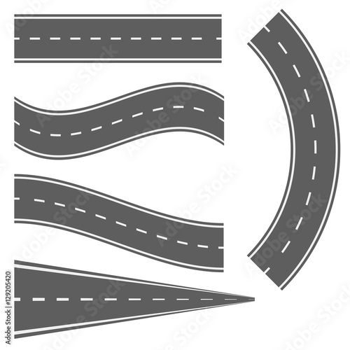Winding curved road or highway with markings. Direction, transportation set