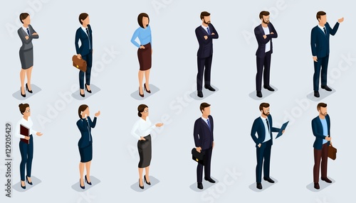 People Isometric 3D, isometric businessmen and business woman business clothes human movement. Concept isolated on a light background