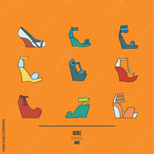 Lovely set with stylish fashion shoes, hand drawn and isolated on orange background. Vector illustration showing various wedge high heels sandals. Creative collection 