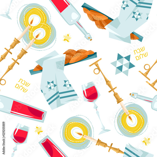 Shabbat shalom. Candles, kiddush cup and challah. Seamless background pattern