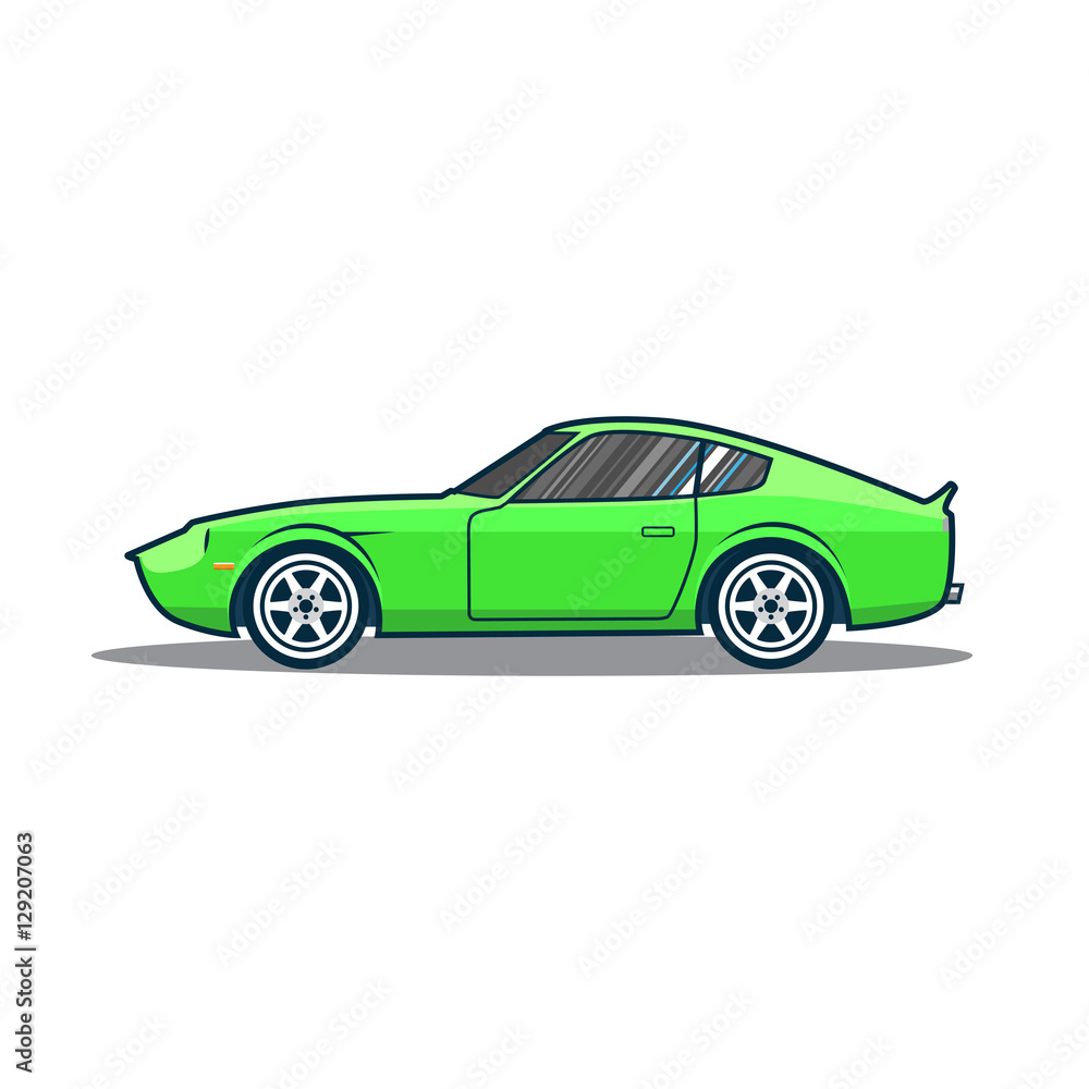 Vector old japan sport car. Green cartoon car. Side view.