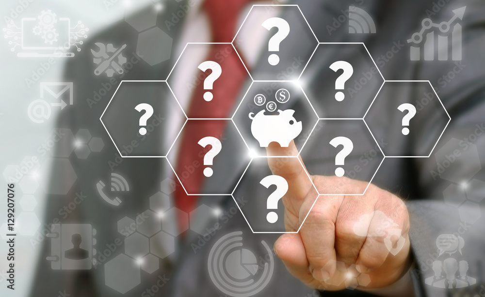 Businessman touched money box icon with coins dollar eur bitcoin on virtual screen on background of marks question. FAQ, support, cloud questions answer. Help service business finance network concept. Businessman touched money box icon with coins dollar eur bitcoin on virtual screen on background of marks question. FAQ, support, cloud questions answer. Help service business finance network concept.
