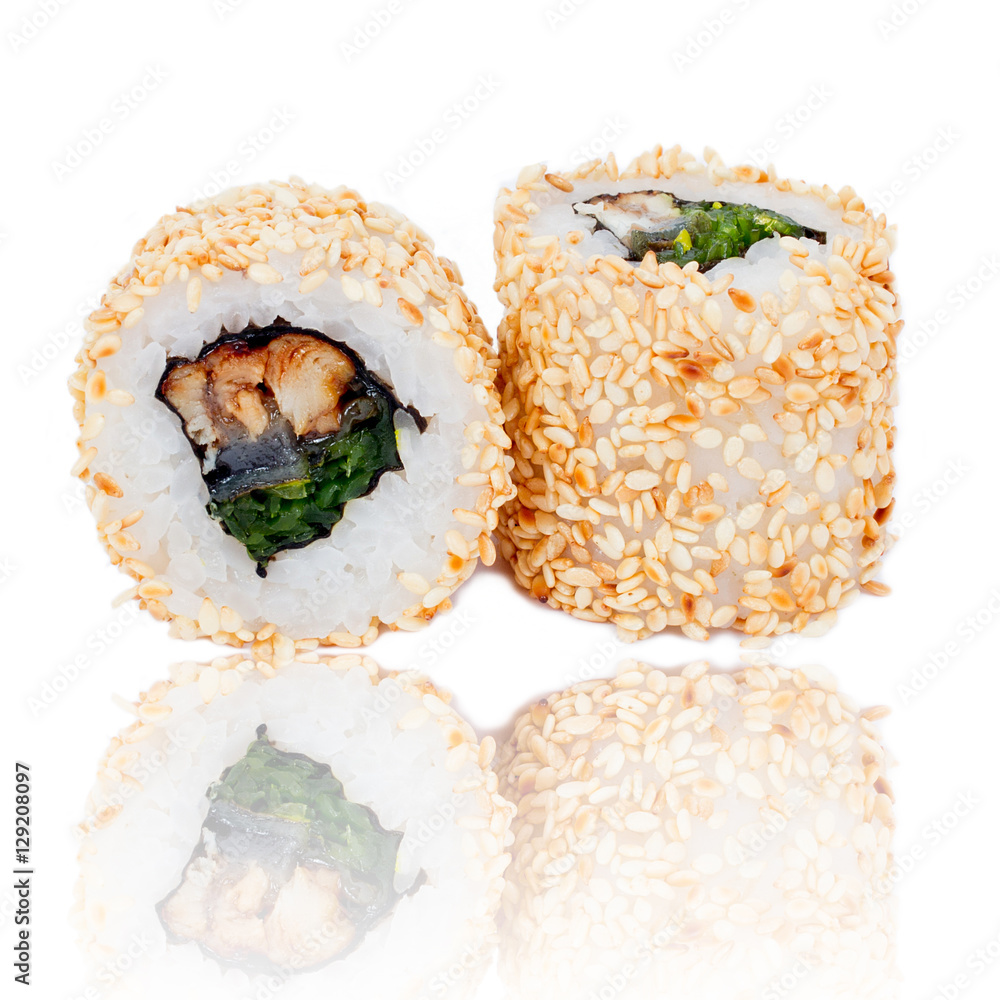 Sushi pieces collection, isolated on white background Sushi pieces collection, isolated on white background