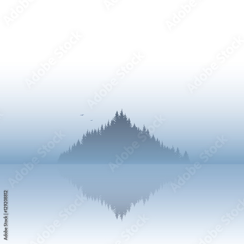 Island landscape vector illustration with fog or mist atmosphere. Calm, serene, tranquil nature scenery.