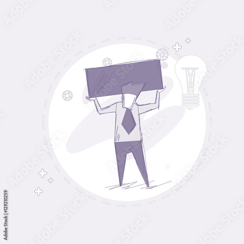 Business Man Hold Empty Banner Thin Line Vector Illustration
