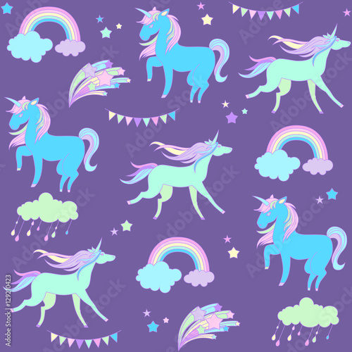 Blue unicorn on purple background with flags and fireworks.