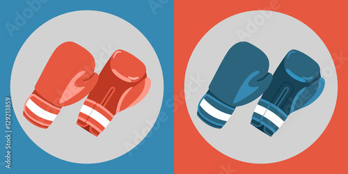 Boxing gloves icon. Color boxing gloves on a blue and red background. Sports Equipment. Vector Illustration.