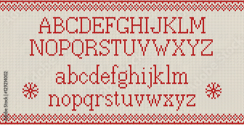 Christmas font. Knitted latin alphabet on seamless knitted pattern with snowflakes and fir. Nordic fair isle knitting, winter holiday sweater design. Vector Illustration.