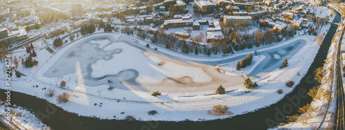 Winter sunset in Panevezys city center, Lithuania. Aerial view
 photo