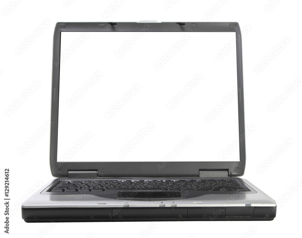old gray laptop on white background. front view. light monitor old gray laptop on white background. front view. light monitor