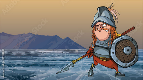 cartoon medieval soldier in armor is on a frozen lake