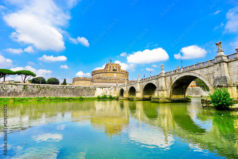 Castel Sant'Angelo and Aelian Bridge across Tiber River in Rome 