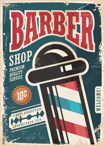 Barber Shop retro vector poster design template on blue background