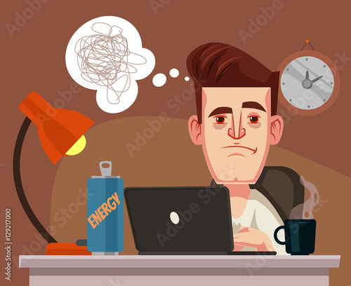 Sleepy office worker man character. Vector flat cartoon illustration