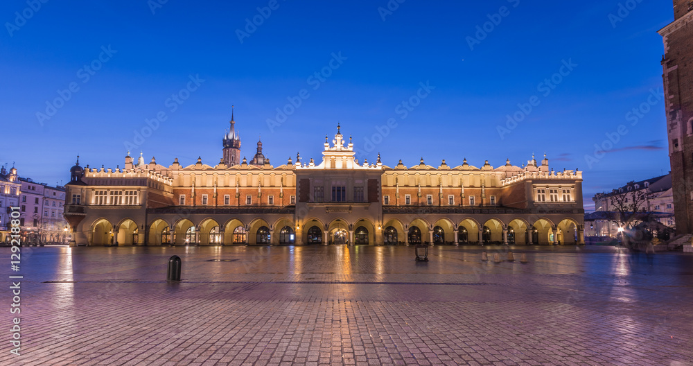 Cloth-hall (Sukiennice) in Krakow beautifully illuminated in early morning