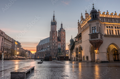 St Mary's church and Cloth Hall on Main Market Square in Krakow, illuminated in the morning