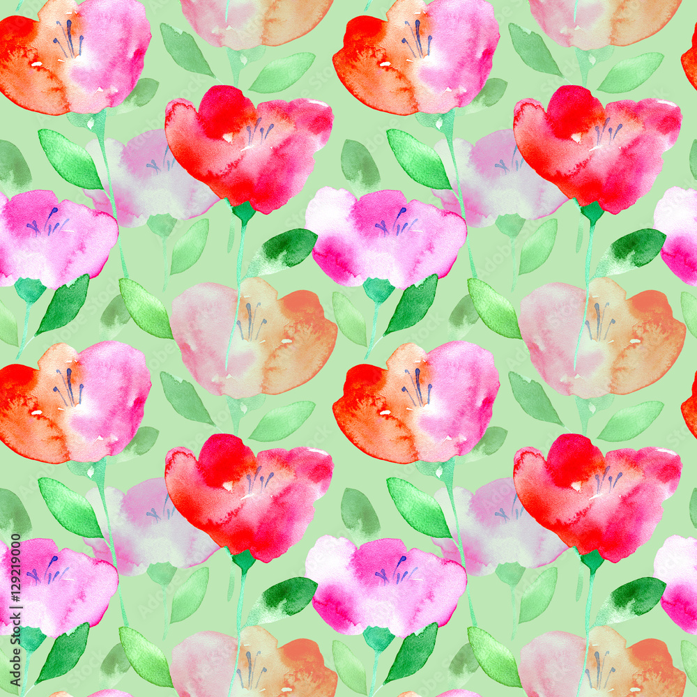Floral seamless pattern with poppy flowers.Watercolor hand drawn illustration.Green background.
