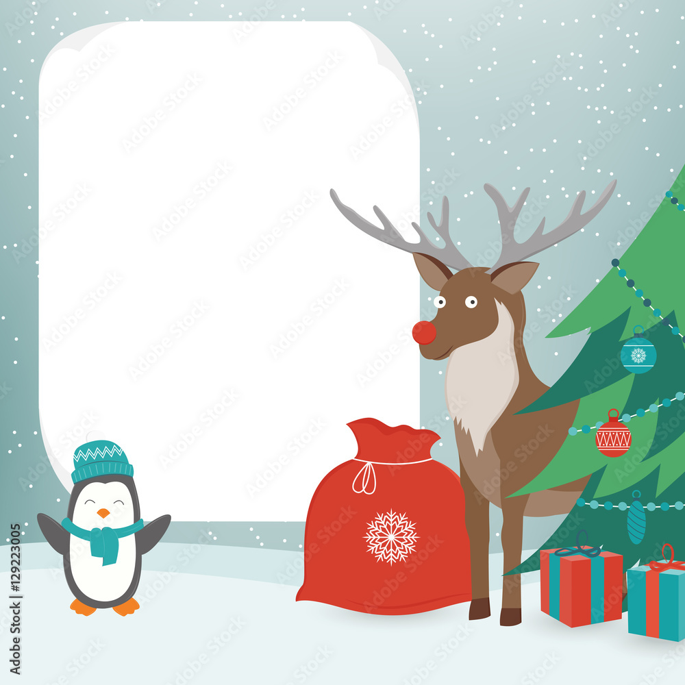 Fototapeta premium Christmas Card with Christmas Characters. Template with copy space. Vector