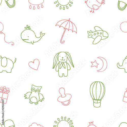 Baby shower related seamless pattern. Hand drawn vector vintage illustration.