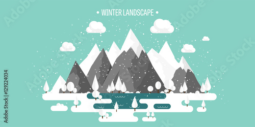 Mountains in Winter, Peak with Snow. Nature Landscape. Christmas Travel. Hiking and Camping. Wild life. Achievement, Exploring, Discovery. Flat Style.