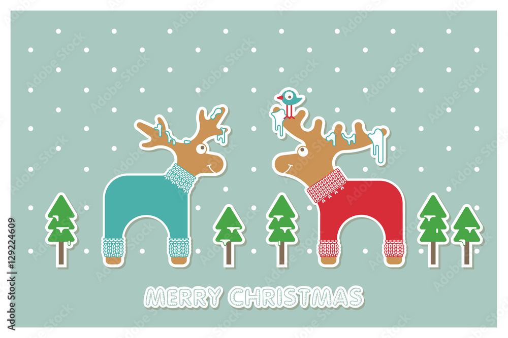 Naklejka premium Vector xmas cute greeting card with adorable reindeer and elk in knitted sweaters. Xmas card with a wish a Merry Christmas.