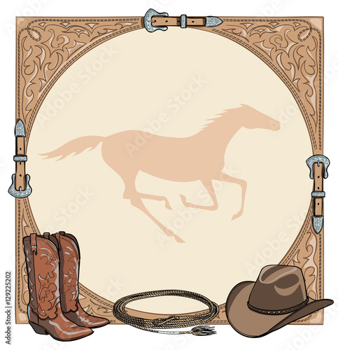 Cowboy horse equine riding tack tool in the western leather belt frame. Western boot, hat, lasso rope and galloping horse. Hand drawing vector background