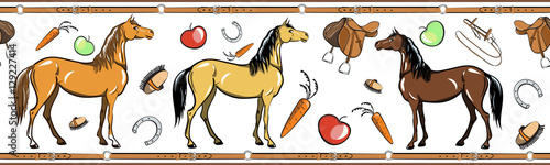 Horse and horseback riding tack tool seamless border. Equine sport in the leather belt frame. Cartoon Saddle, brush, bridle, stirrups, horseshoe. Hand drawing vector background