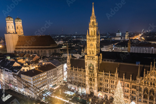 Aerial view of the Christmas market on the Mary's square (Marienplatz) in front of the new town hall (Rathaus), Munich, Germany