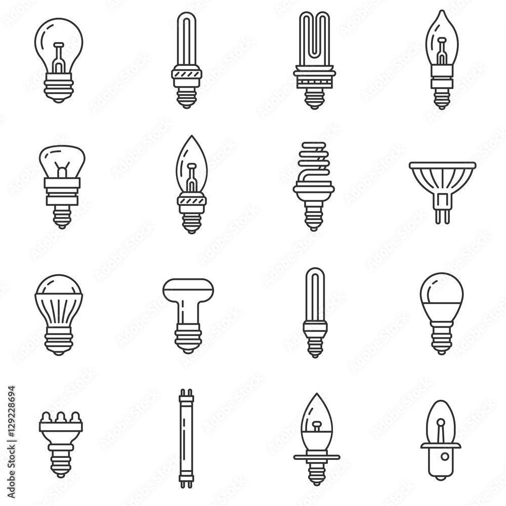 Lamps icons set. Incandescent lamp of different form, thin line design
