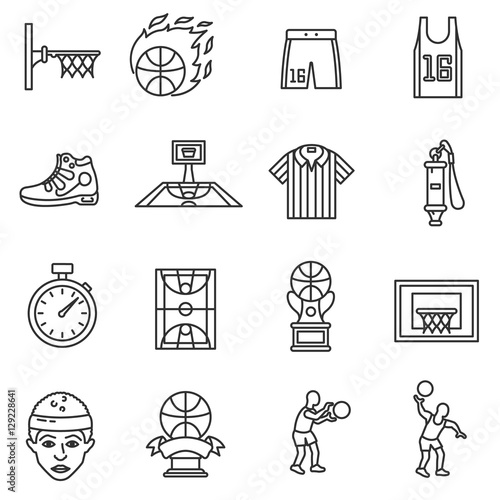 Basketball icons set. The game of basketball, thin line design. Attributes for basketball, linear symbols collection.