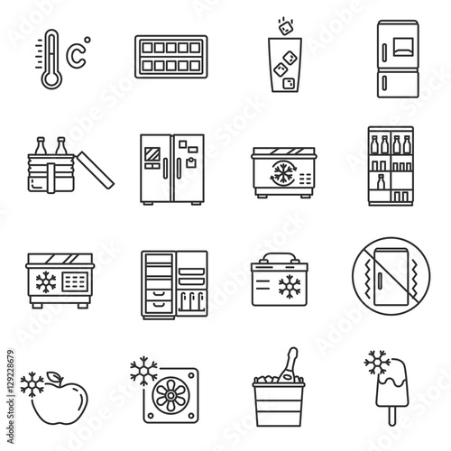Fridge icon set. Cooling products, thin line design. Refrigerators for storing frozen products, linear symbols collection. Icons on cooling, isolated vector illustration.