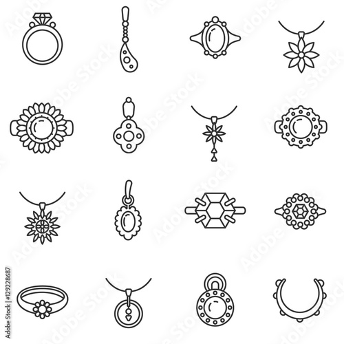 Jewelry icons set. Various ornaments, thin line design. Rings, necklaces, earrings, pendants, linear symbols collection. bijouterie, isolated vector illustration.