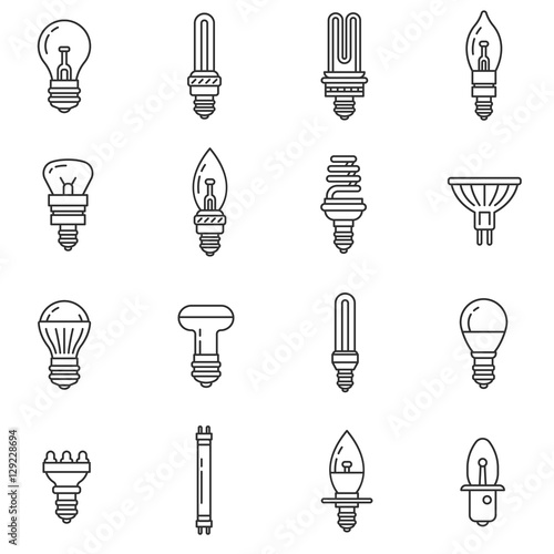 Lamps icons set. Incandescent lamp of different form  thin line design. Lamps and spotlights for home  linear symbols collection. isolated vector illustration