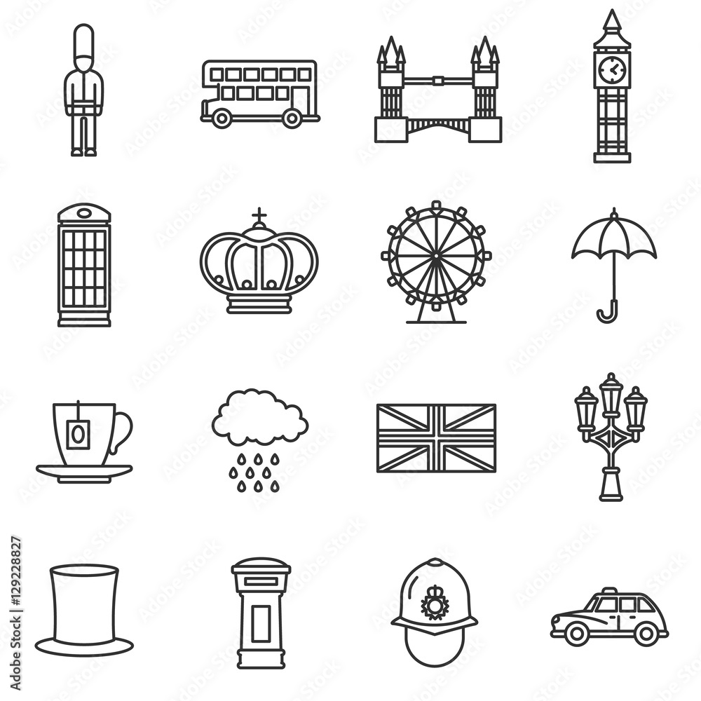 London icons set. England, thin line design. Themed icons of London