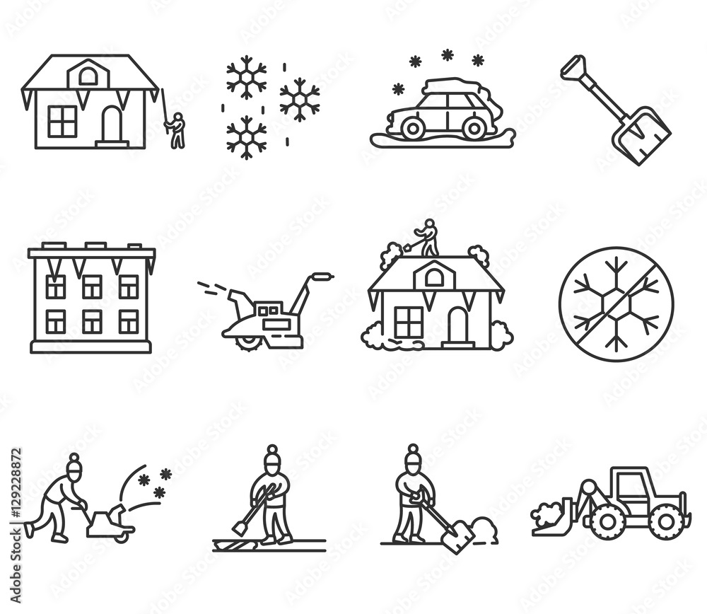 Snow removal icons set. Snowy rainfall, thin line design. Removal of