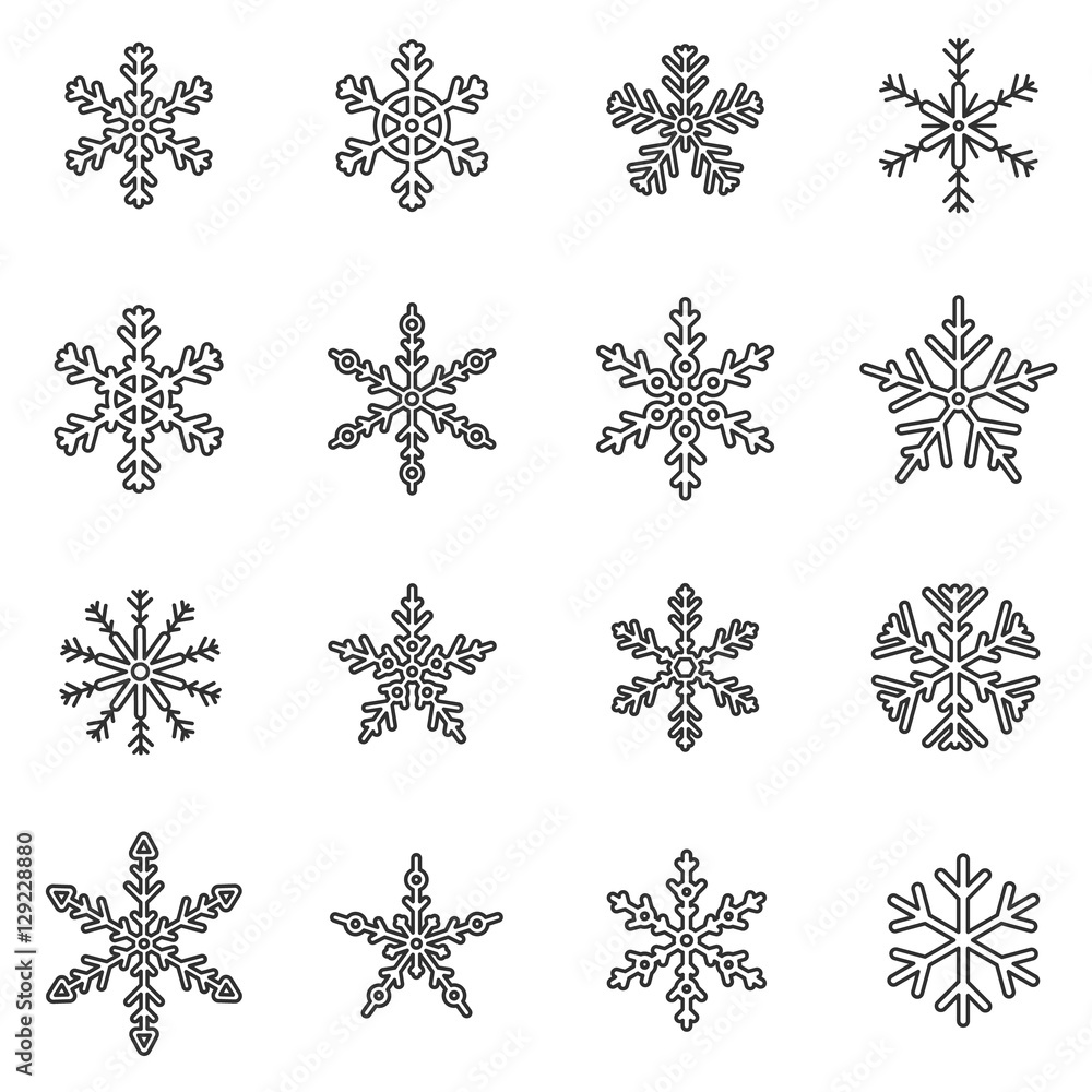 Snowflakes set. Patterns of snow, thin line design. linear symbols collection. different shapes, isolated vector illustration. Ice crystal