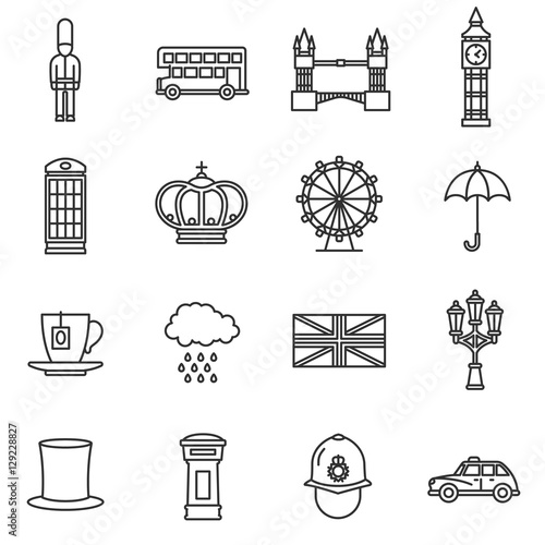 London icons set. England, thin line design. Themed icons of London, linear symbols collection. England showplace, isolated vector illustration