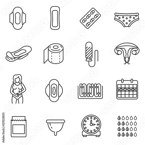 Menstruation icons set. Monthly menstrual cycle, thin line design. Linear symbols collection. Tracking of the menstrual cycle, isolated vector. Hygiene products
