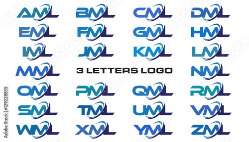 3 letters modern generic swoosh logo AML, BML, CML, DML, EML, FML, GML, HML, IML, JML, KML, LML, MML, NML, OML, PML, QML, RML, SML,TML, UML, VML, WML, XML, YML, ZML