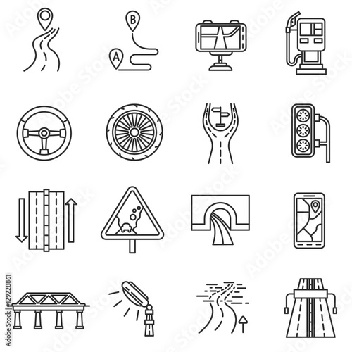 Road icons set. Highway, thin line design. The road to wheeled vehicle, linear symbols collection. Driving on the road, isolated vector illustration